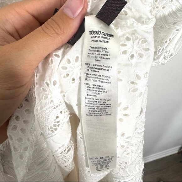 Roberto Cavalli Women's Size 2 White Eyelet Lace Embroidered 3/4 Sleeve Dress - Picture 6 of 14